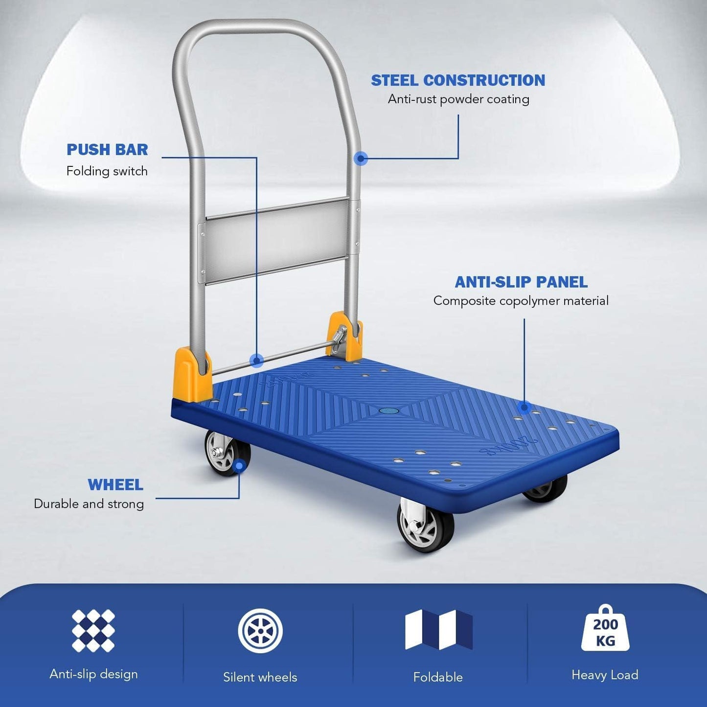 Foldable Platform Trolley Cart - 200kg Capacity, 360° Swivel Wheels, Industrial Utility Wagon for Home, Warehouse, Office