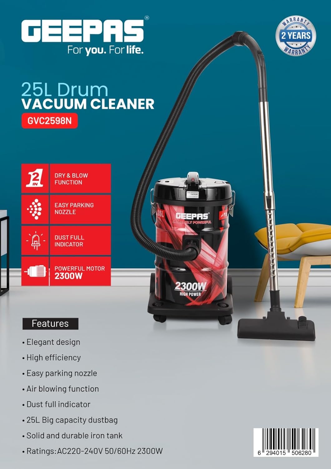 Geepas GVC2598 2300W 25L Drum Vacuum Cleaner with Blower, Dust Full Indicator, and Parking Position