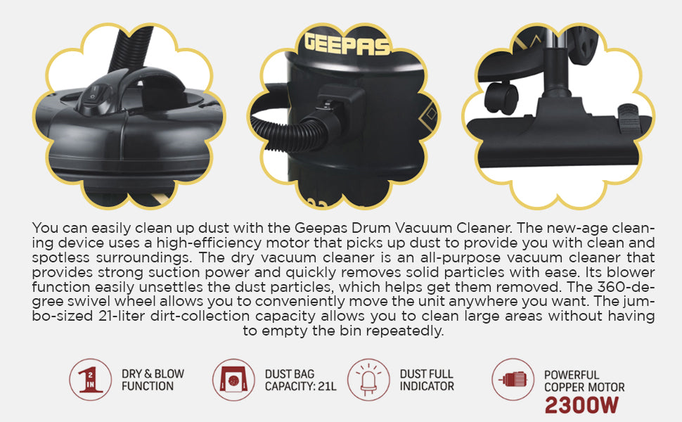 Geepas GVC2598 2300W 25L Drum Vacuum Cleaner with Blower, Dust Full Indicator, and Parking Position