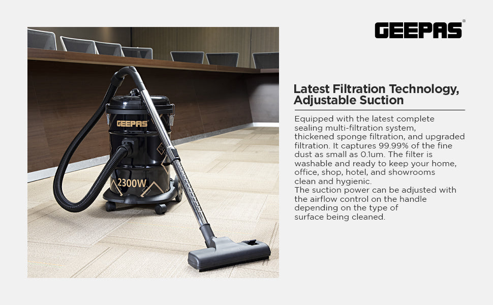 Geepas GVC2598 2300W 25L Drum Vacuum Cleaner with Blower, Dust Full Indicator, and Parking Position