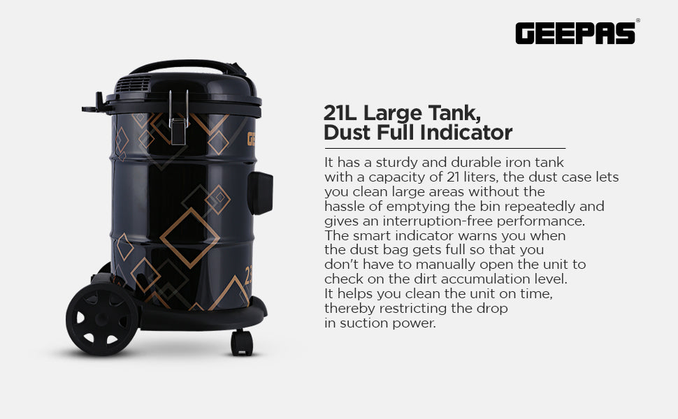 Geepas GVC2598 2300W 25L Drum Vacuum Cleaner with Blower, Dust Full Indicator, and Parking Position