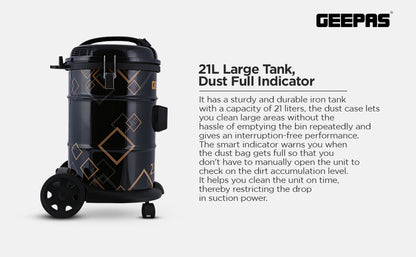 Geepas GVC2598 2300W 25L Drum Vacuum Cleaner with Blower, Dust Full Indicator, and Parking Position