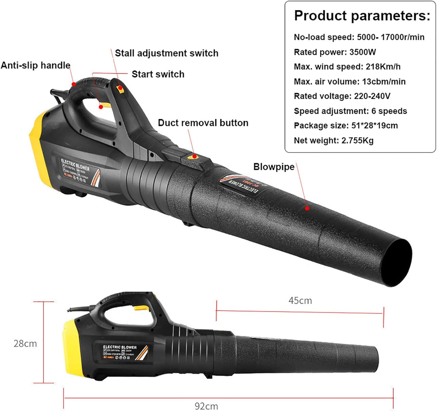 500W Electric Leaf Blower and Garden Vacuum, 218 km/h Wind Speed, 790 m³/h Air Volume, 6-Speed Control, 3M Cable